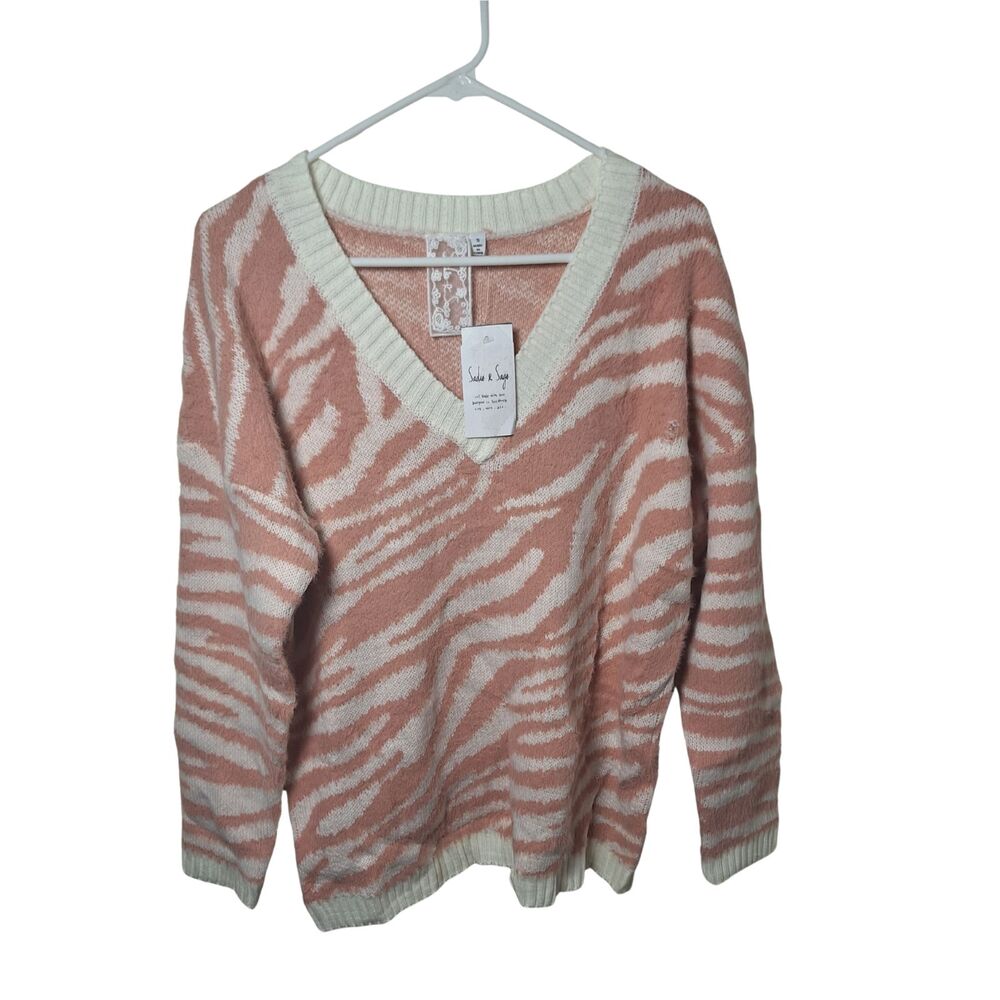 NWT Sadie & Sage Zebra Print V-Neck Sweater Pink/White Size S